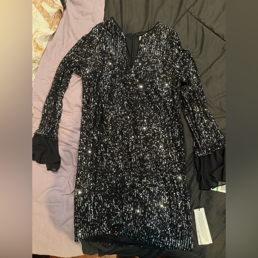 Calvin Klein Black Sequin Party Dress with Ruffle Cuffs